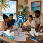 A business team reviewing conflicting reports around a central data hub, with subtle signs of duplicate files and inconsistent charts in a professional Belize office setting.