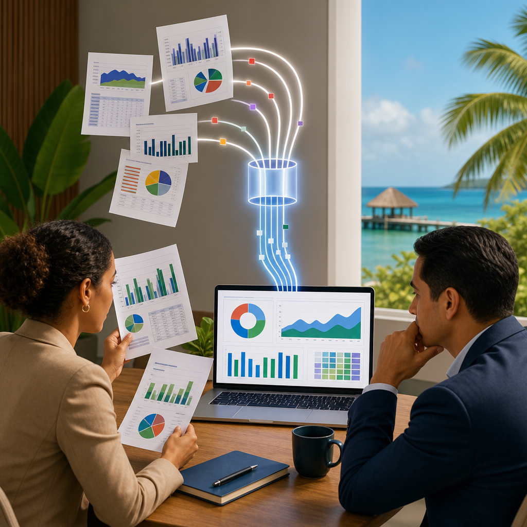 Two professionals reviewing conflicting reports beside a unified data flow and dashboard, with subtle Belize Caribbean background elements.