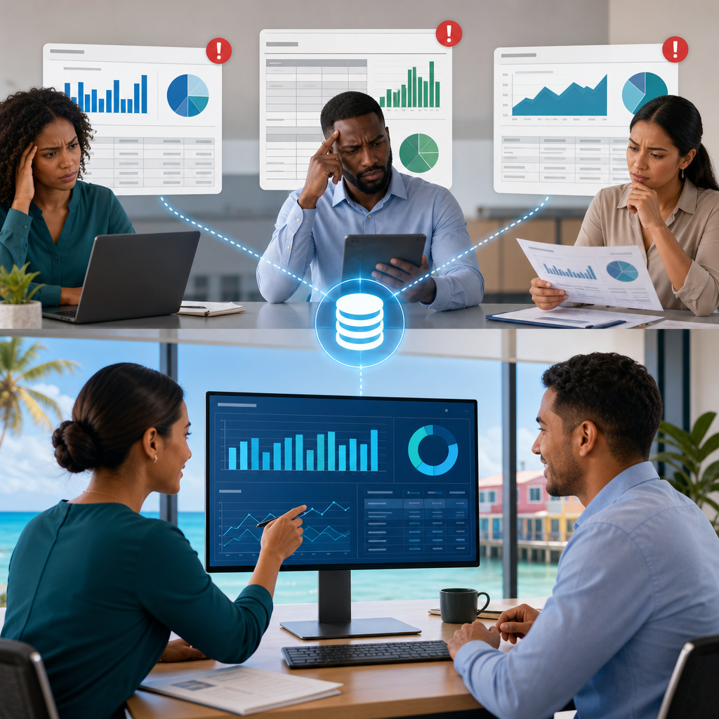 Three business professionals review different reports beside a central unified dashboard, illustrating how one source of truth resolves conflicting numbers. Subtle tropical Caribbean office setting.