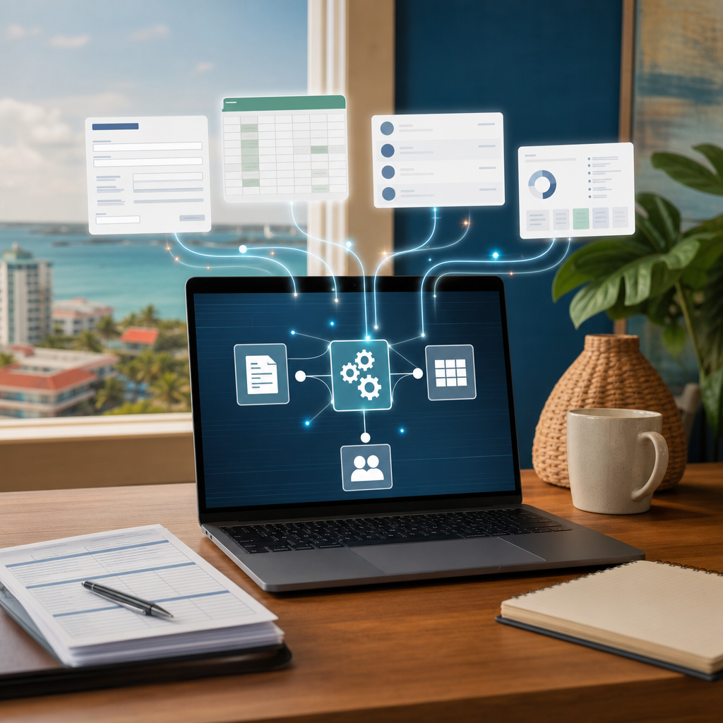 A professional office scene showing connected business systems with data flowing between a form, spreadsheet, CRM, and database, with subtle Belize Caribbean visual elements.