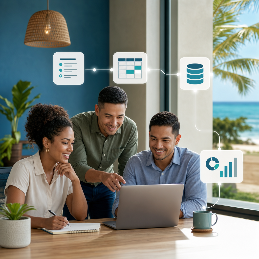 A professional office illustration showing data flowing between connected business systems, with subtle Belize and Caribbean visual context.