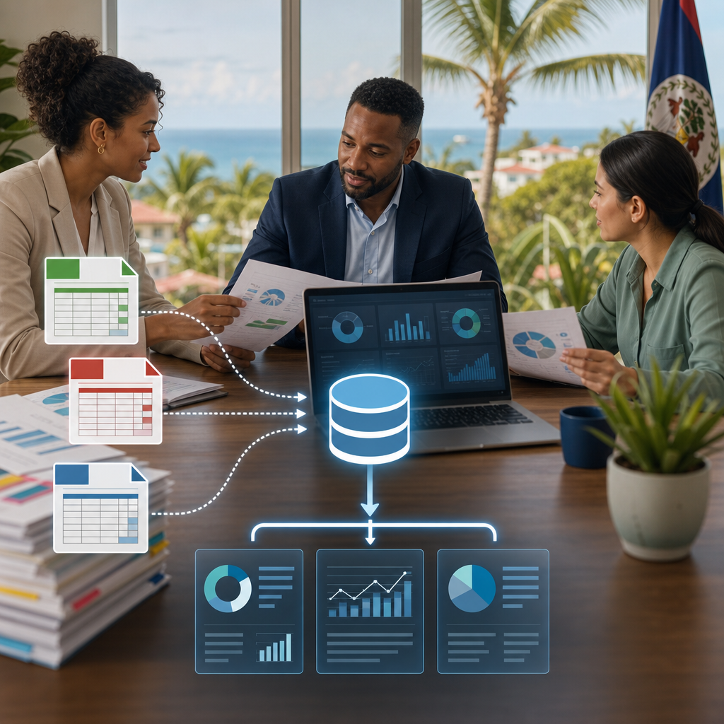 Business professionals reviewing reports beside a laptop, with visual elements showing multiple spreadsheet versions merging into one central data source and a clean dashboard, set in a bright office with subtle Caribbean context.