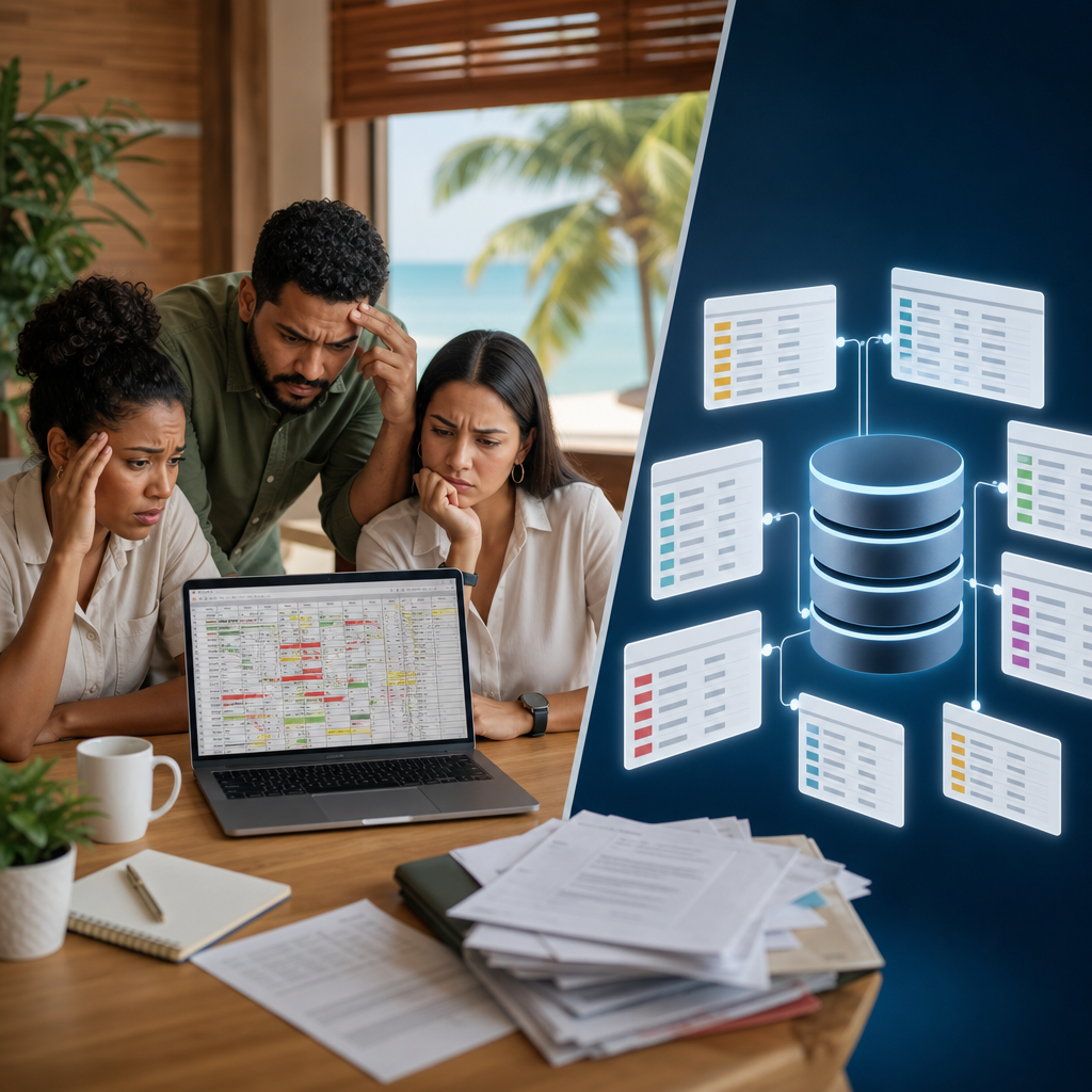 A professional office scene showing a messy spreadsheet on one screen and an organized database structure on another, with subtle Belizean Caribbean colors and lighting.