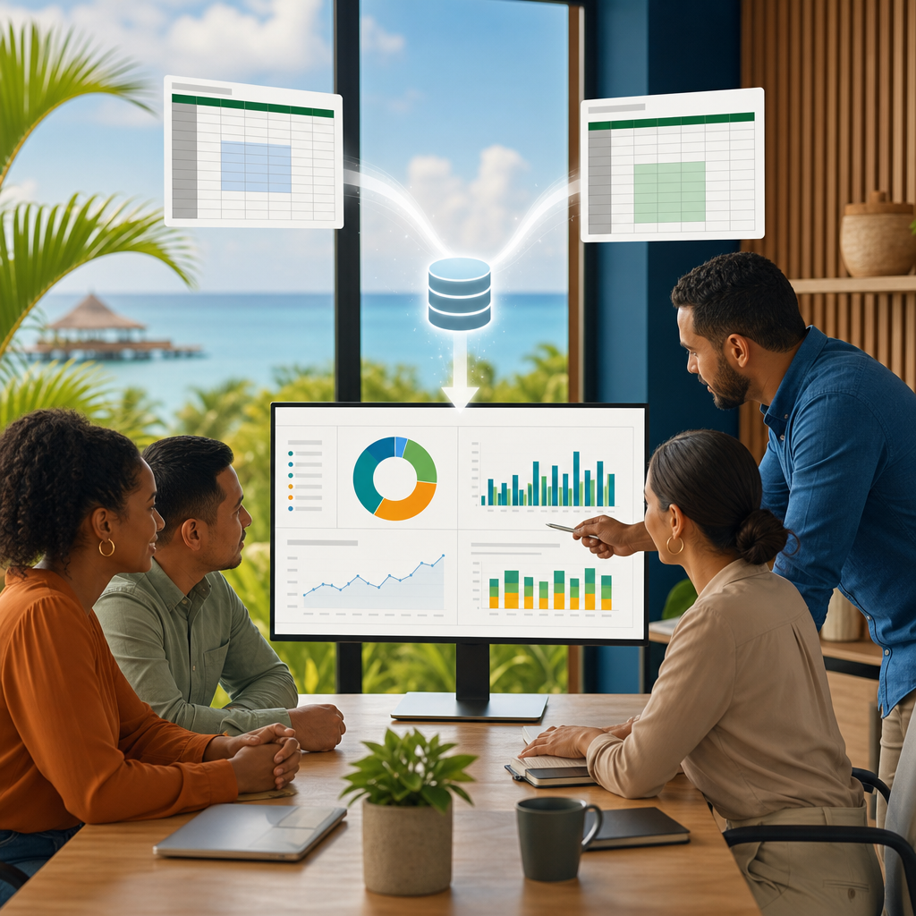 A professional team in a modern office looking at one shared dashboard as spreadsheet files merge into a single data flow, with subtle Caribbean office details in the background.