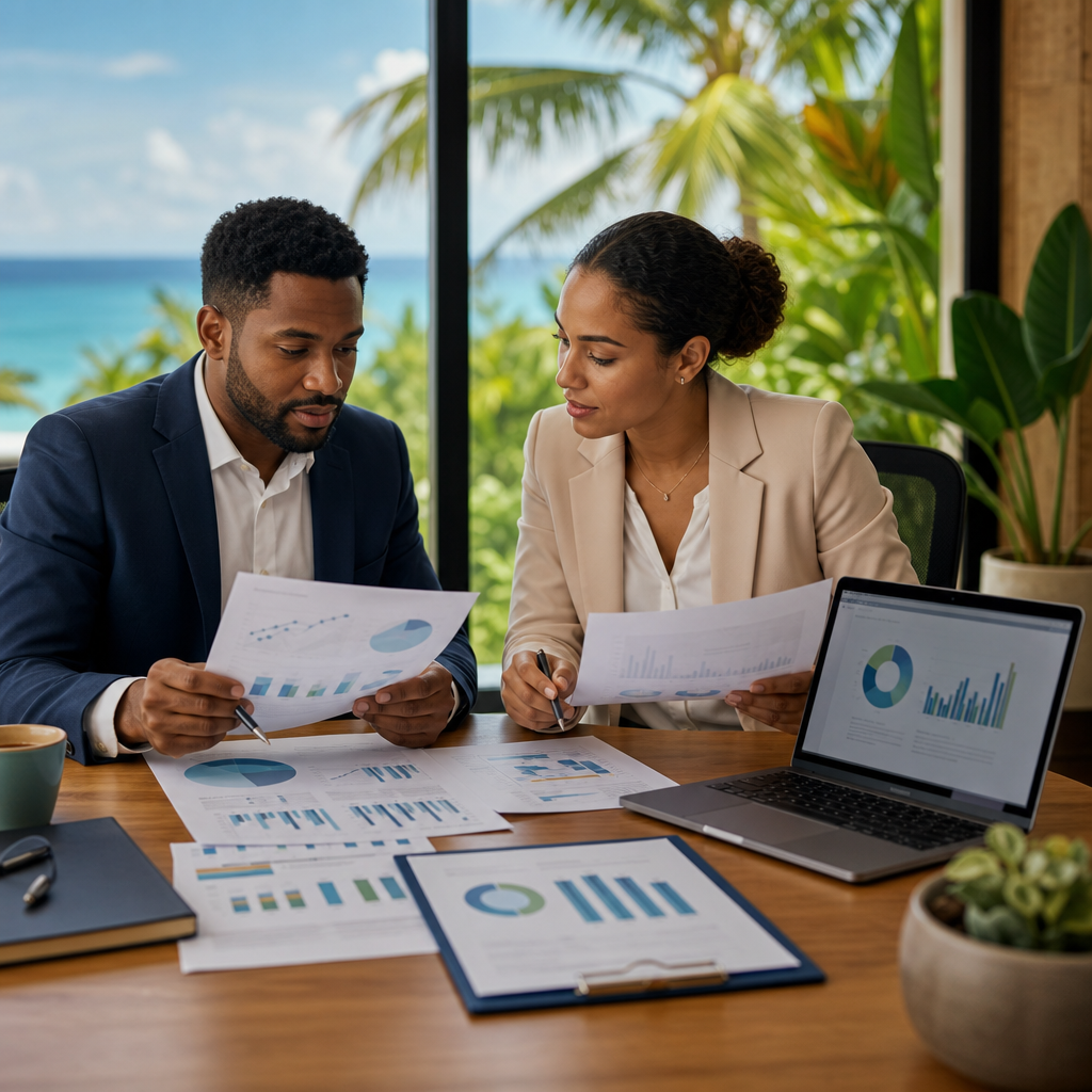 Two business professionals reviewing different report sheets beside a laptop, showing conflicting numbers, with a clean unified chart and subtle tropical Belize office setting.
