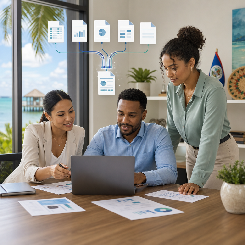A professional team reviewing business reports while abstract data lines connect multiple documents into one organized system, with subtle Caribbean office ambiance.