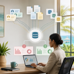Professional office illustration showing duplicate data from spreadsheets, CRMs, and databases being consolidated into one trusted source for clearer reporting.