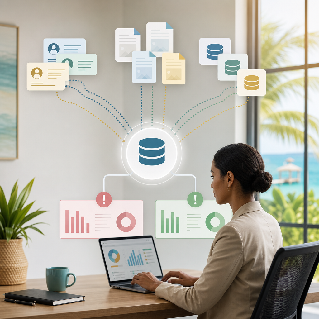 Professional office illustration showing duplicate data from spreadsheets, CRMs, and databases being consolidated into one trusted source for clearer reporting.