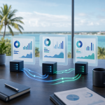 A professional office scene showing mismatched report visuals connected by data flow lines, with subtle Caribbean background elements and a modern IT consultancy style.