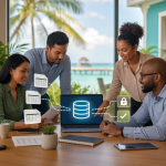 A professional team organizing scattered spreadsheet data into a central secure database with a subtle Belize and Caribbean office setting in the background.