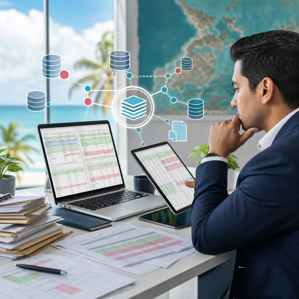 A professional reviewing mismatched data sheets and dashboard charts on a laptop and tablet, symbolizing inconsistent source data, with subtle Belize Caribbean styling in the background.