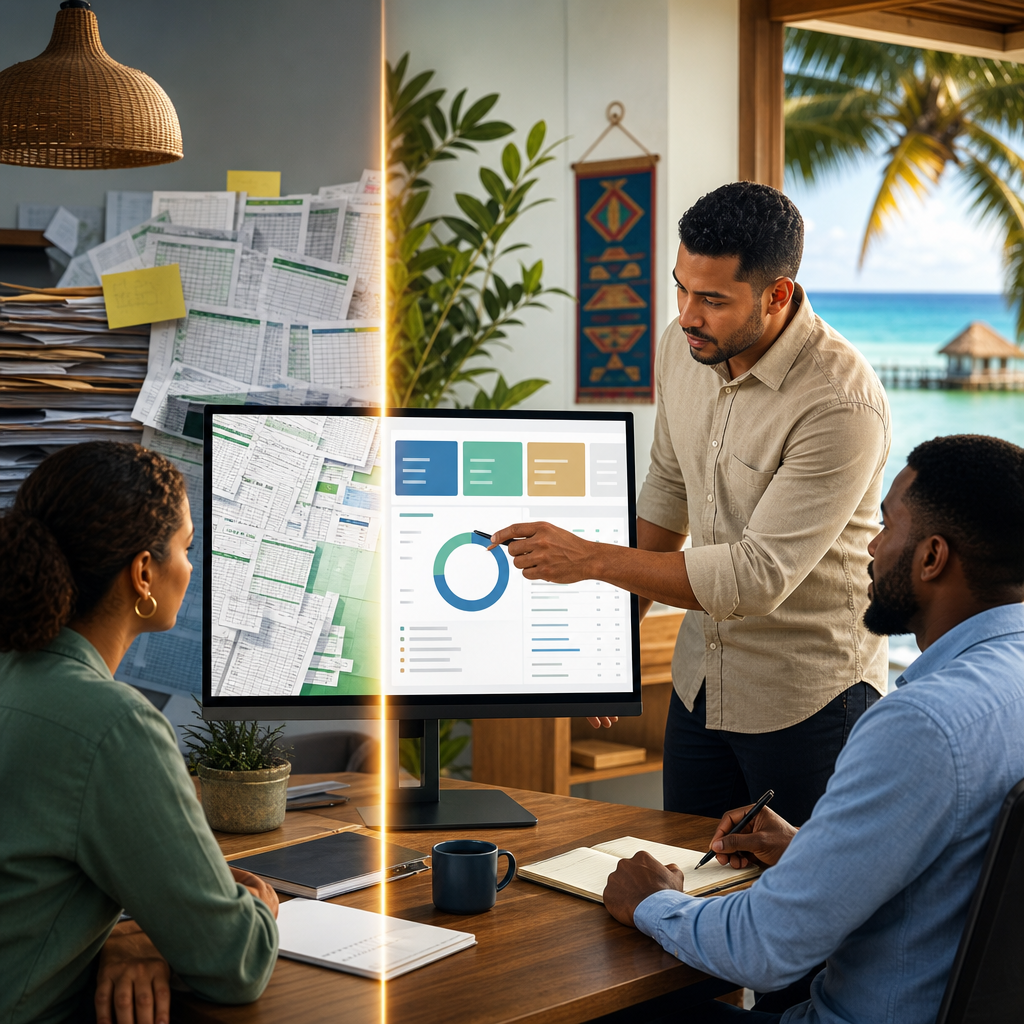 Business team reviewing a clean dashboard while disorganized spreadsheet sheets appear beside it, with subtle Belize and Caribbean office details.