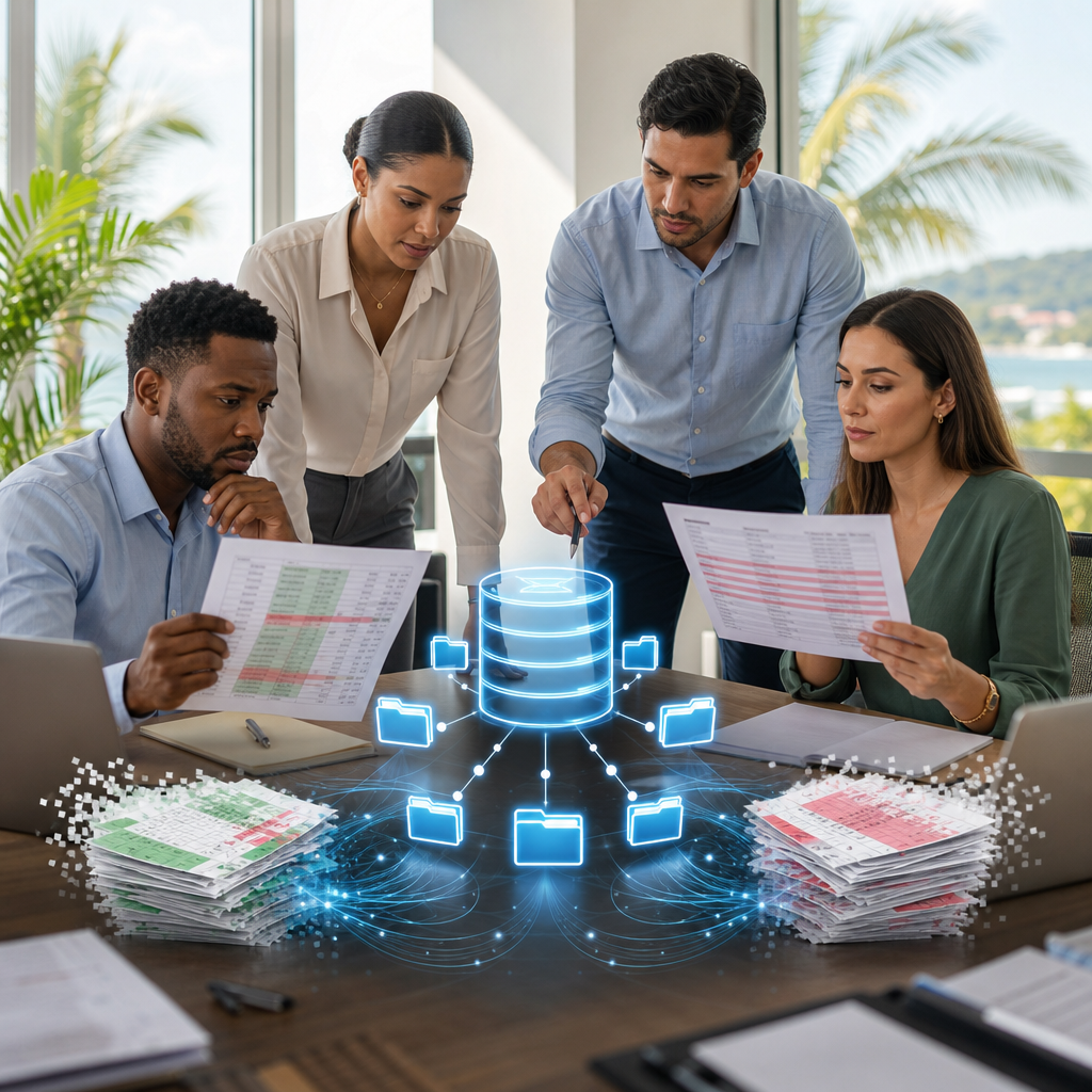 Business team comparing mismatched reports beside an organized central database concept, suggesting cleaner data and a single source of truth.