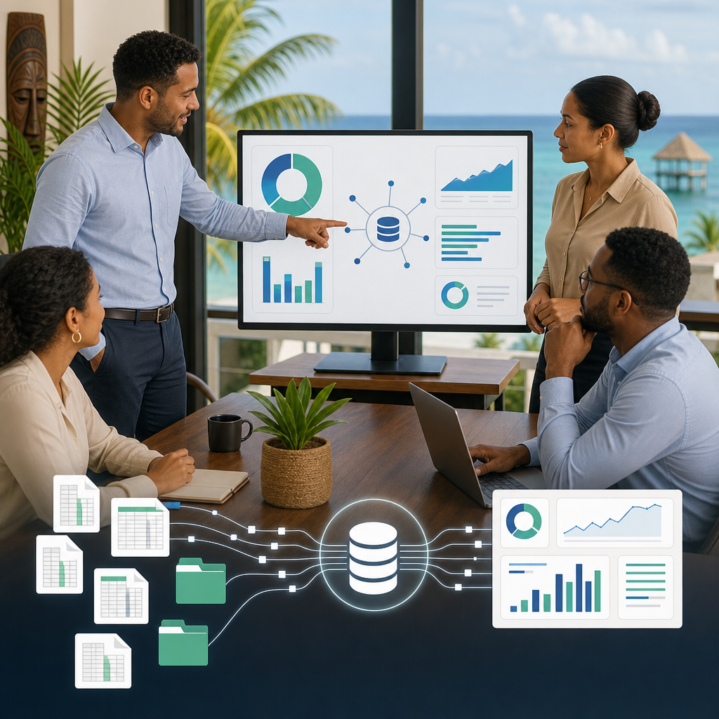 Business team reviewing a dashboard in a modern office, with subtle Belize and Caribbean-inspired setting elements, showing a shift from scattered spreadsheets to organized reporting.