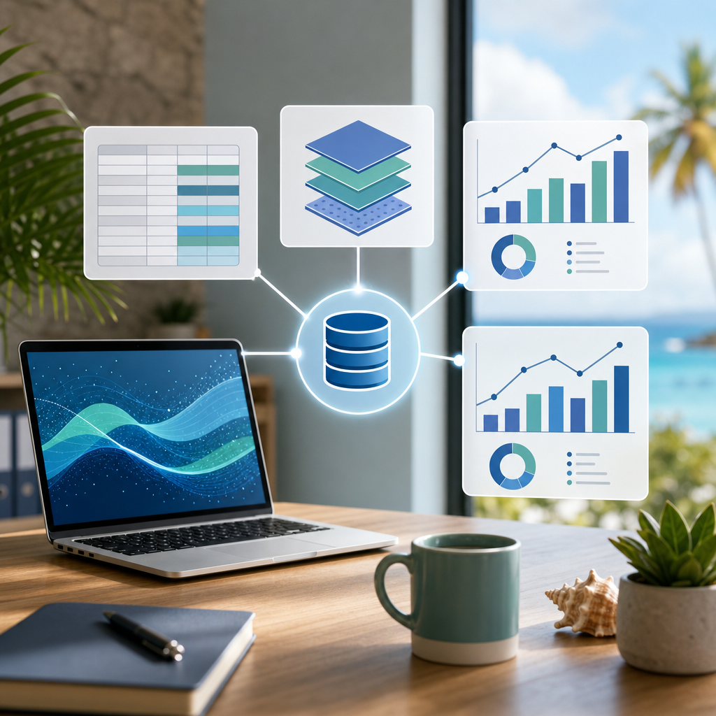 Professional workspace illustration showing one central data source connected to multiple reports, with subtle Caribbean lighting and business setting.