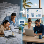 Professional team in a modern office reviewing a centralized database dashboard instead of scattered spreadsheets, with subtle Belizean Caribbean styling in the background.
