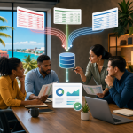 Business professionals reviewing conflicting data sheets that merge into one centralized data source, shown in a clean office setting with subtle Caribbean details.