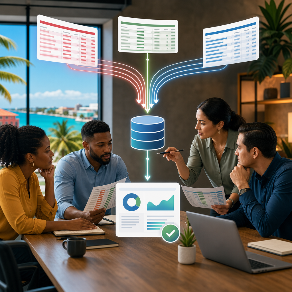Business professionals reviewing conflicting data sheets that merge into one centralized data source, shown in a clean office setting with subtle Caribbean details.