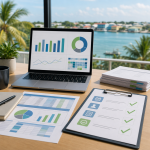 Professional workspace with spreadsheets, a laptop showing generic charts, and a subtle Belize coastal background, illustrating data cleanup before reporting.